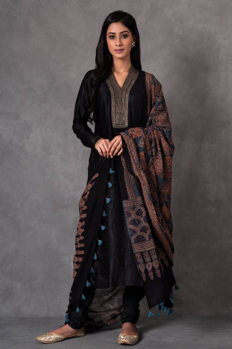 ajrak dupatta with black dress Black Georgette Anarkali Suit with Buttersilk Pant and Digit main image 1