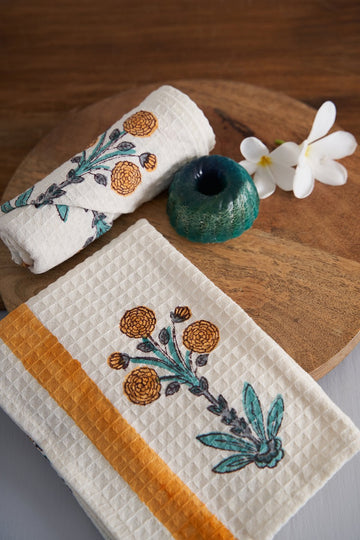 Marigold Block Print Hand Towel  ( Set of 2 )