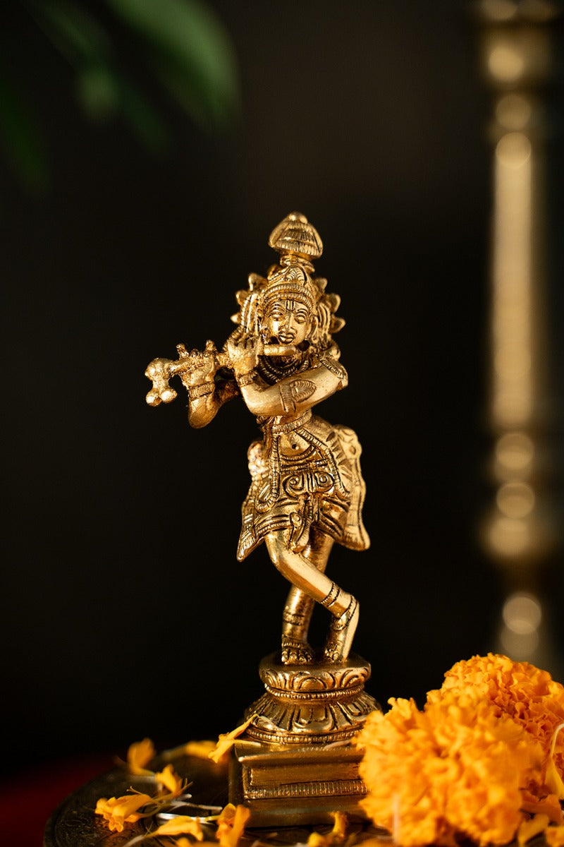 Graceful Krishna Brass Engraved Sculpture
