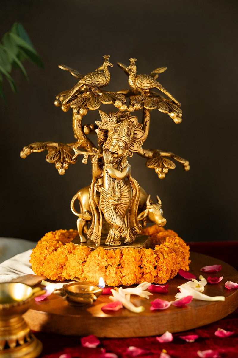 Melodies of Krishna Brass Engraved Statue