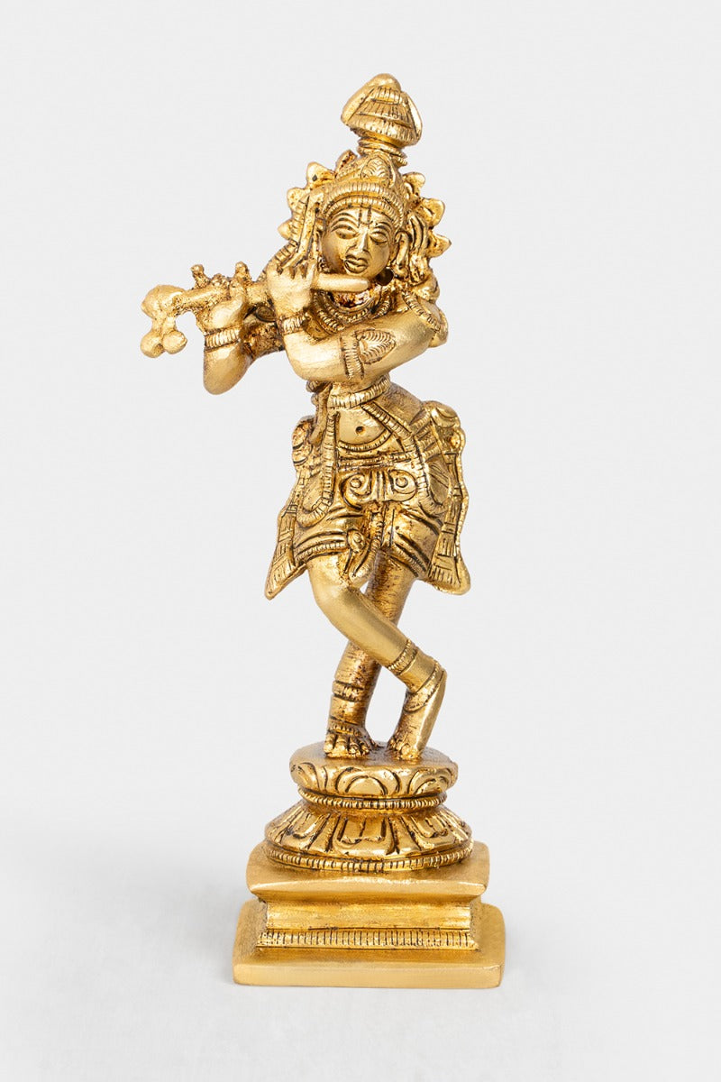 Graceful Krishna Brass Engraved Sculpture