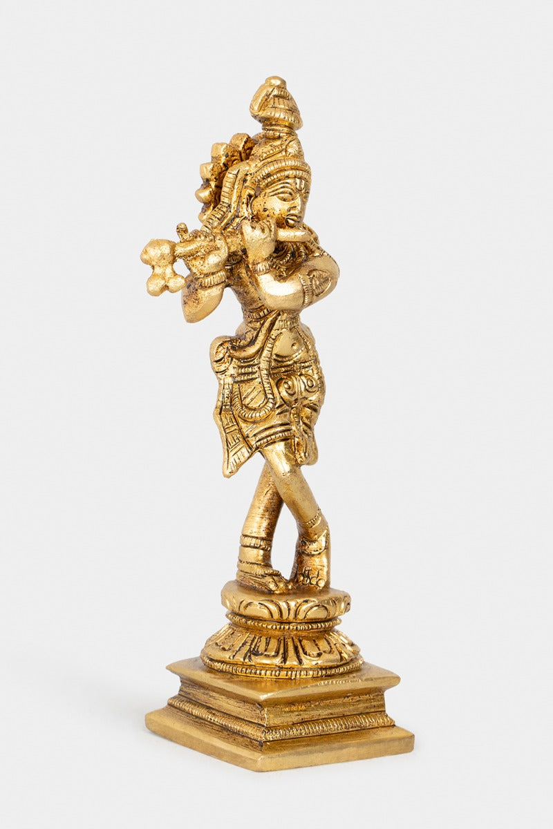 Graceful Krishna Brass Engraved Sculpture