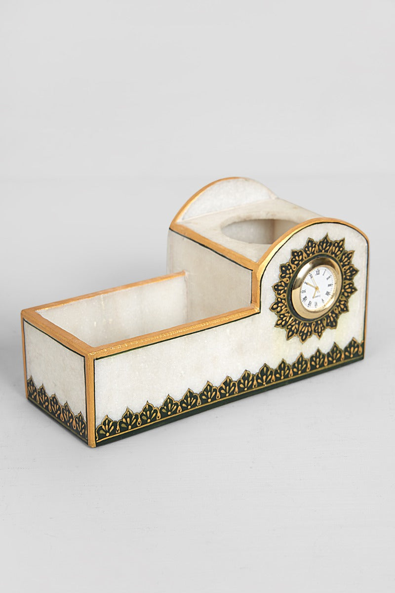 Timeless Elegance Marble Desk Organizer With Clock