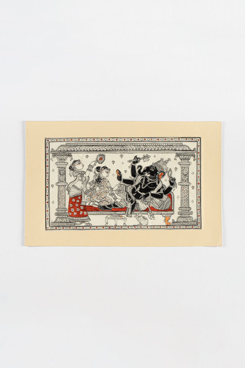 Ganesha with Riddhi & Siddhi Pattachitra Painting (9.7" x 15" Unframed )