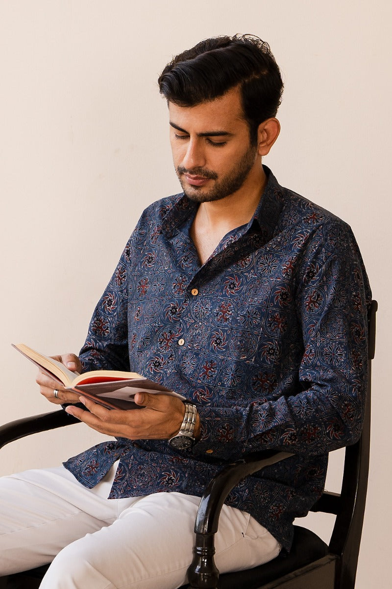 Straight Collar Ajrakh Print Shirt