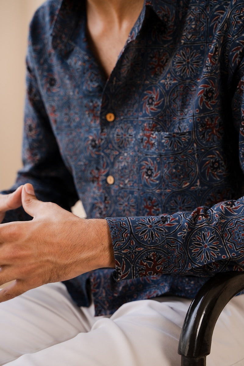 Straight Collar Ajrakh Print Shirt