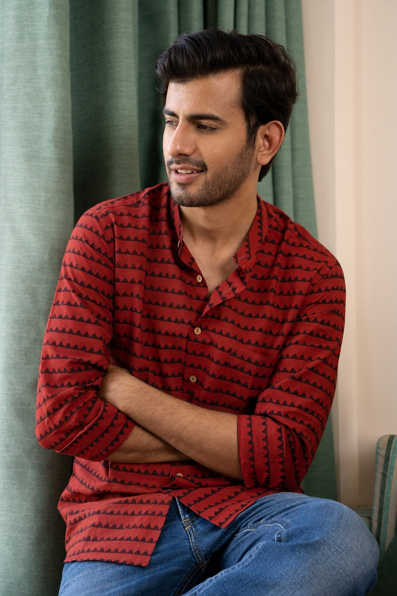 Crimson Wonder Mandarin Collar Red Shirt