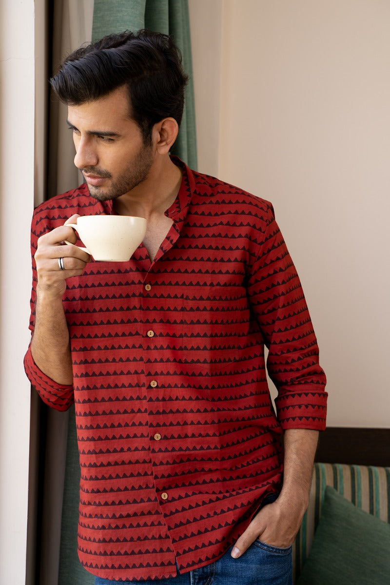 Crimson Wonder Mandarin Collar Red Shirt