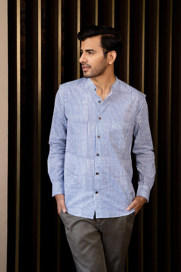 Modish Mandarin Collar Blue and White Striped Shirt
