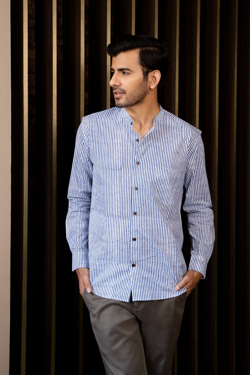 Modish Mandarin Collar Blue and White Striped Shirt
