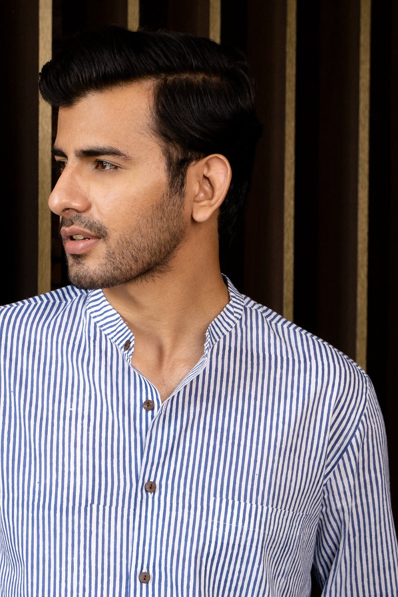 Modish Mandarin Collar Blue and White Striped Shirt