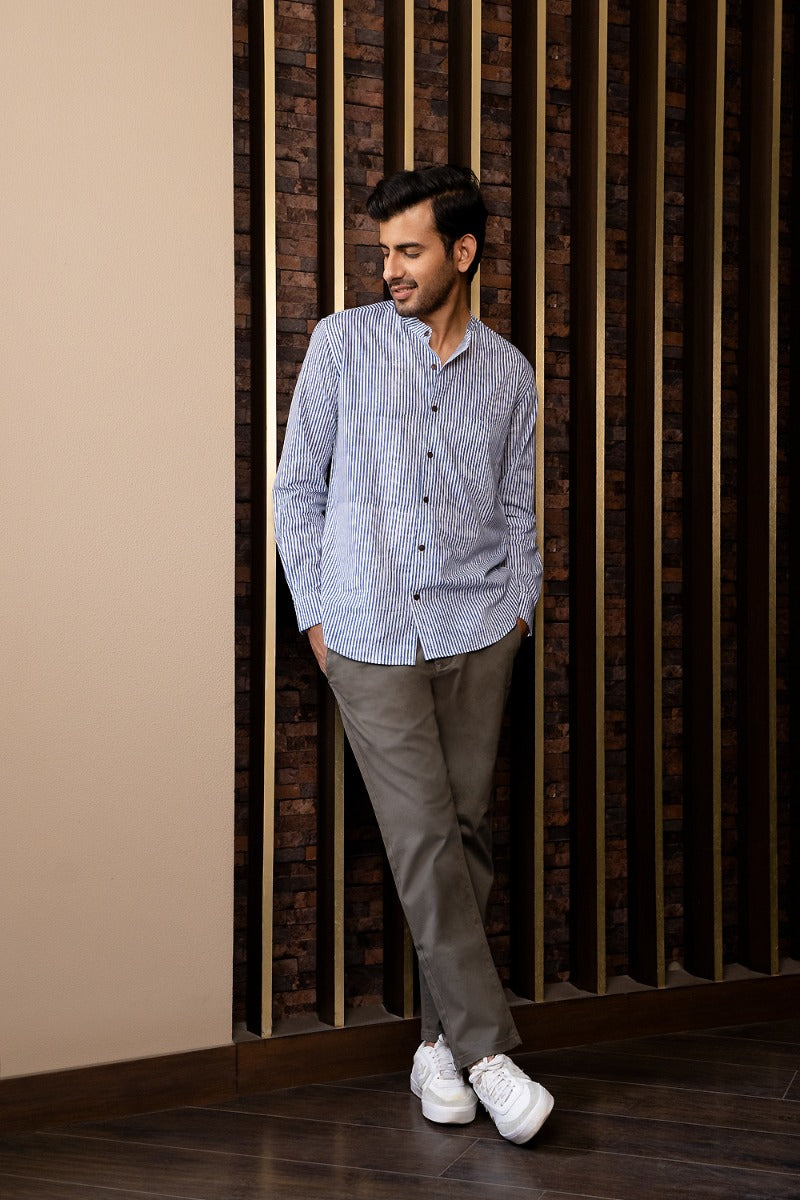 Modish Mandarin Collar Blue and White Striped Shirt