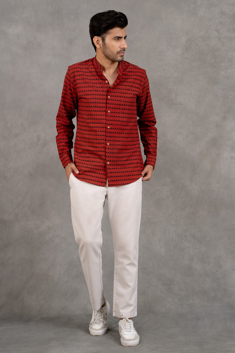 Crimson Wonder Mandarin Collar Red Shirt