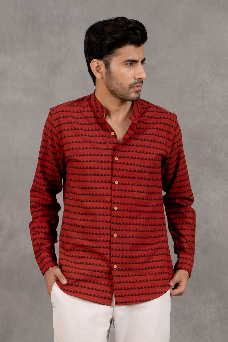 Crimson Wonder Mandarin Collar Red Shirt