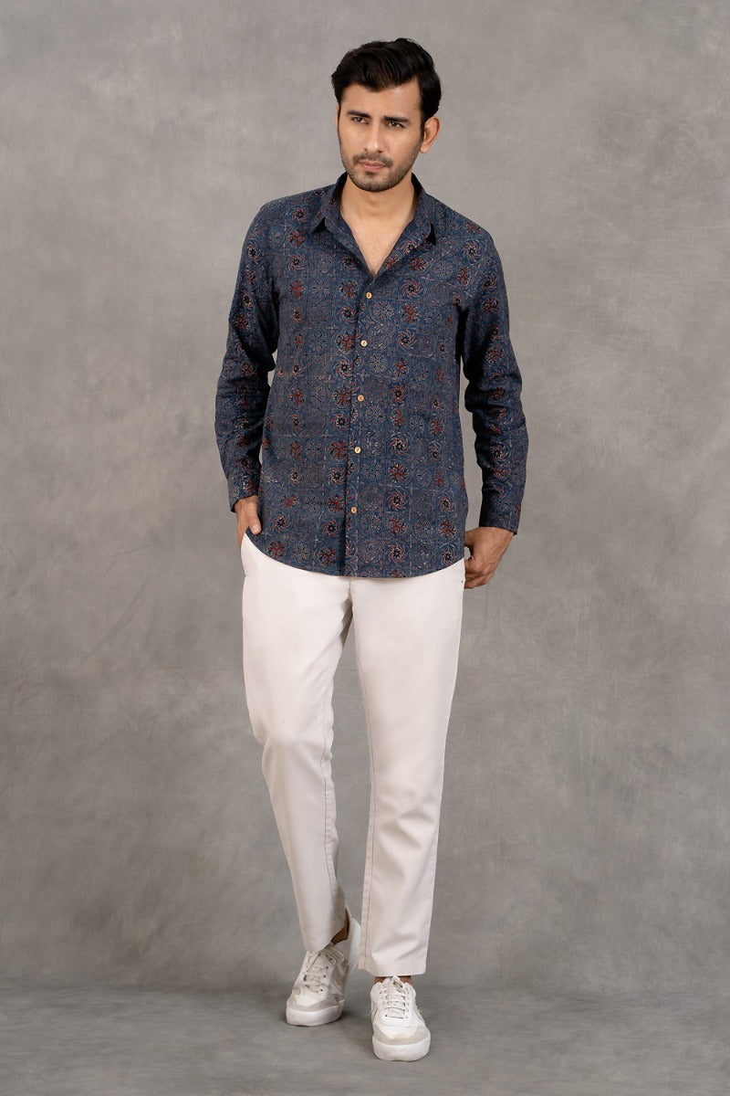 Straight Collar Ajrakh Print Shirt