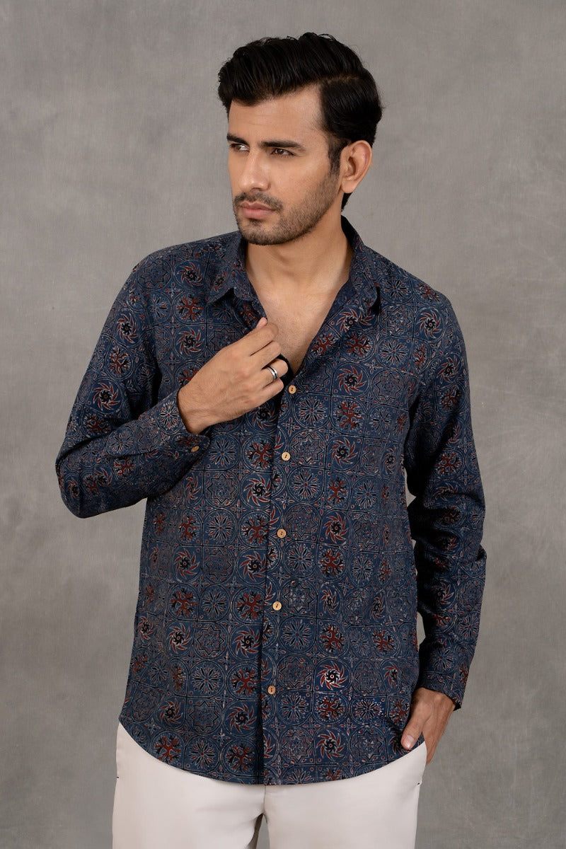 Straight Collar Ajrakh Print Shirt