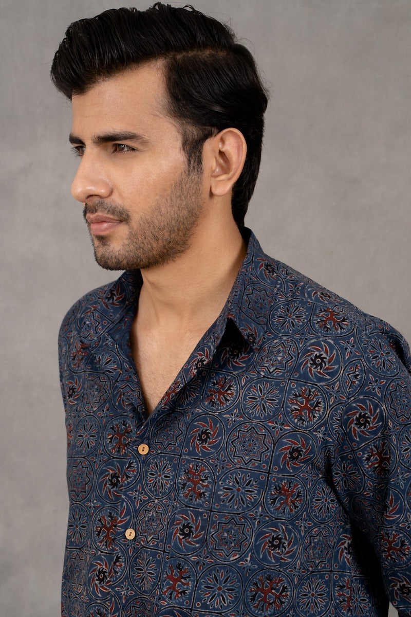 Straight Collar Ajrakh Print Shirt