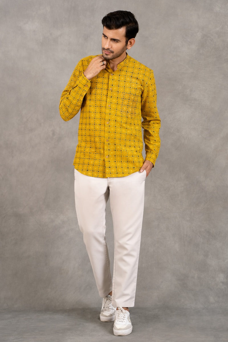 Sunshine Mandarin Collar Yellow Flower Shirt