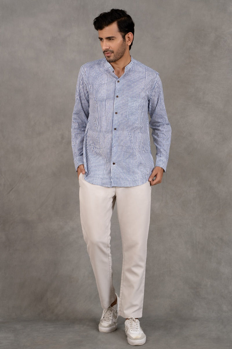 Modish Mandarin Collar Blue and White Striped Shirt