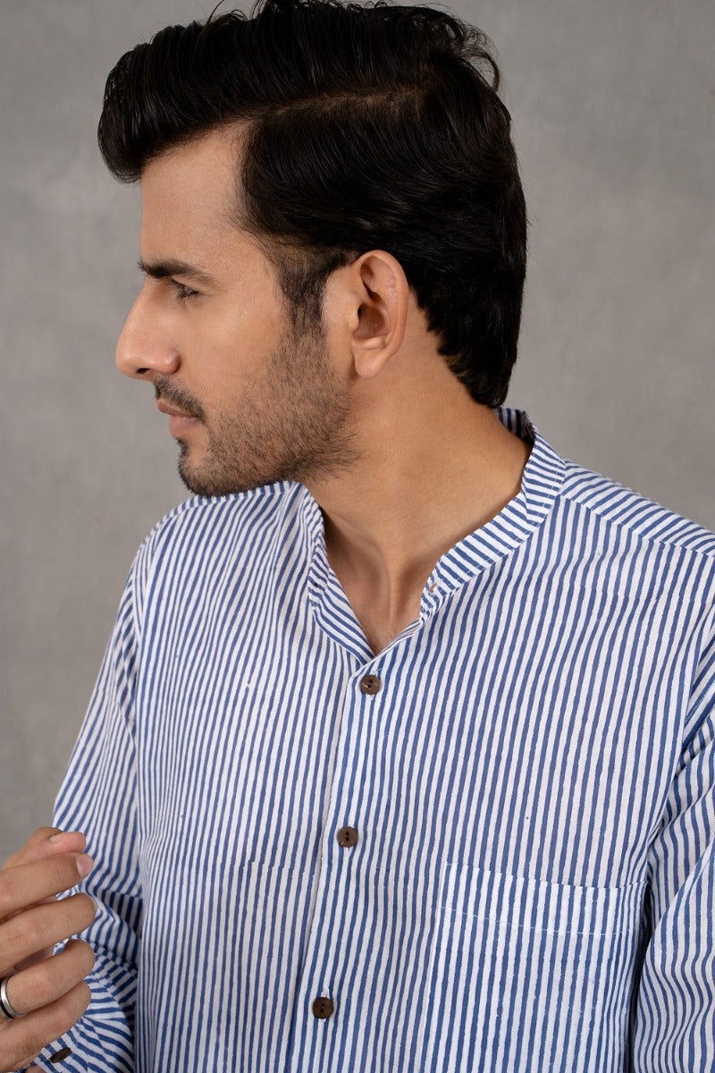 Modish Mandarin Collar Blue and White Striped Shirt