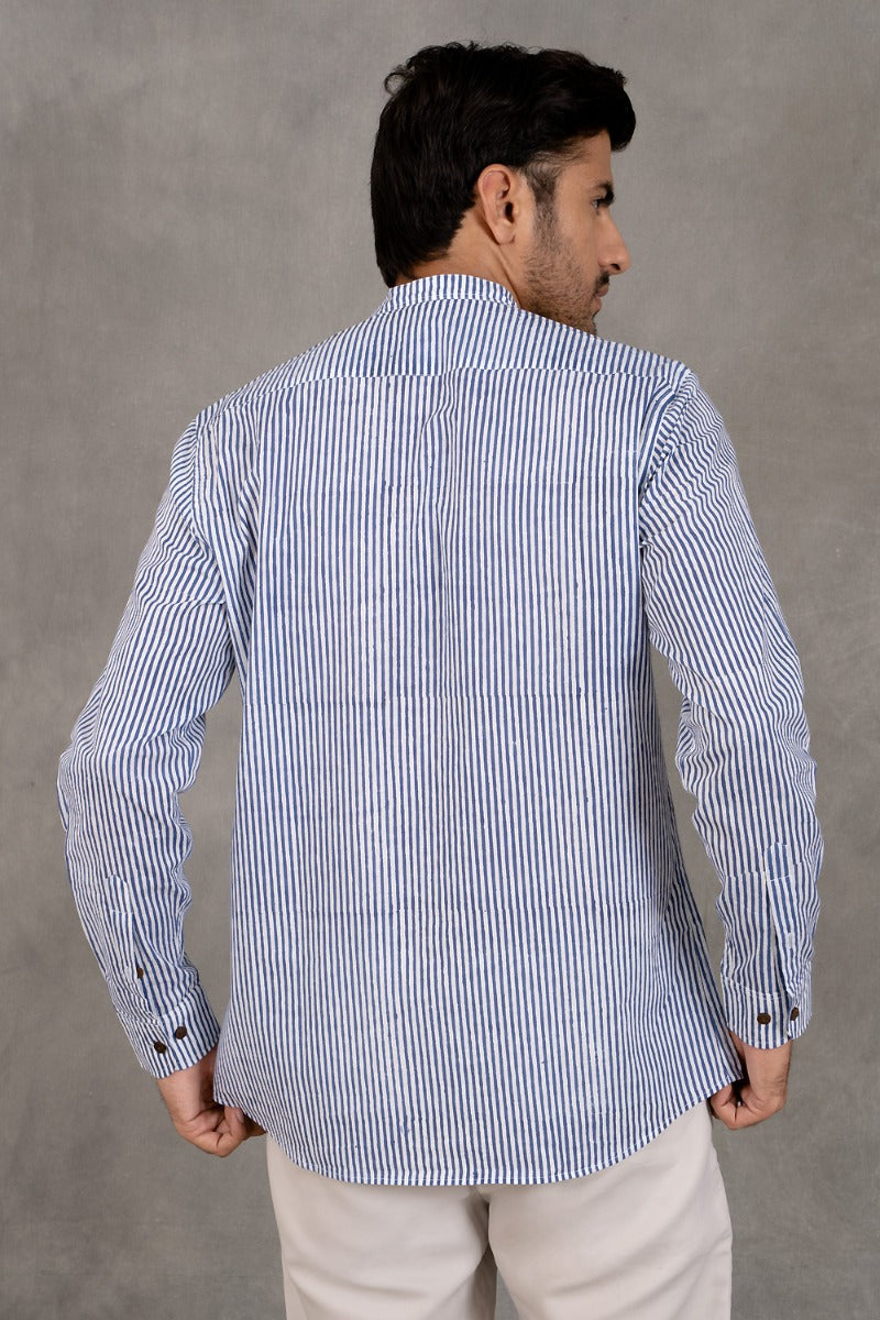 Modish Mandarin Collar Blue and White Striped Shirt