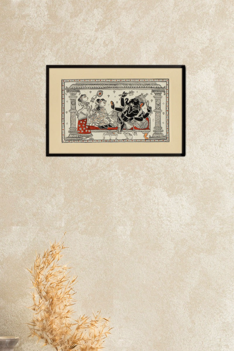 Ganesha with Riddhi & Siddhi Pattachitra Painting (9.7" x 15" Unframed )