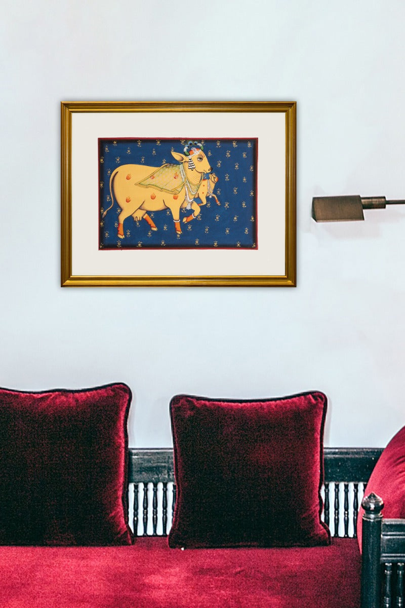 Bright blue background yellow Govardhan (14in x 10in unframed)