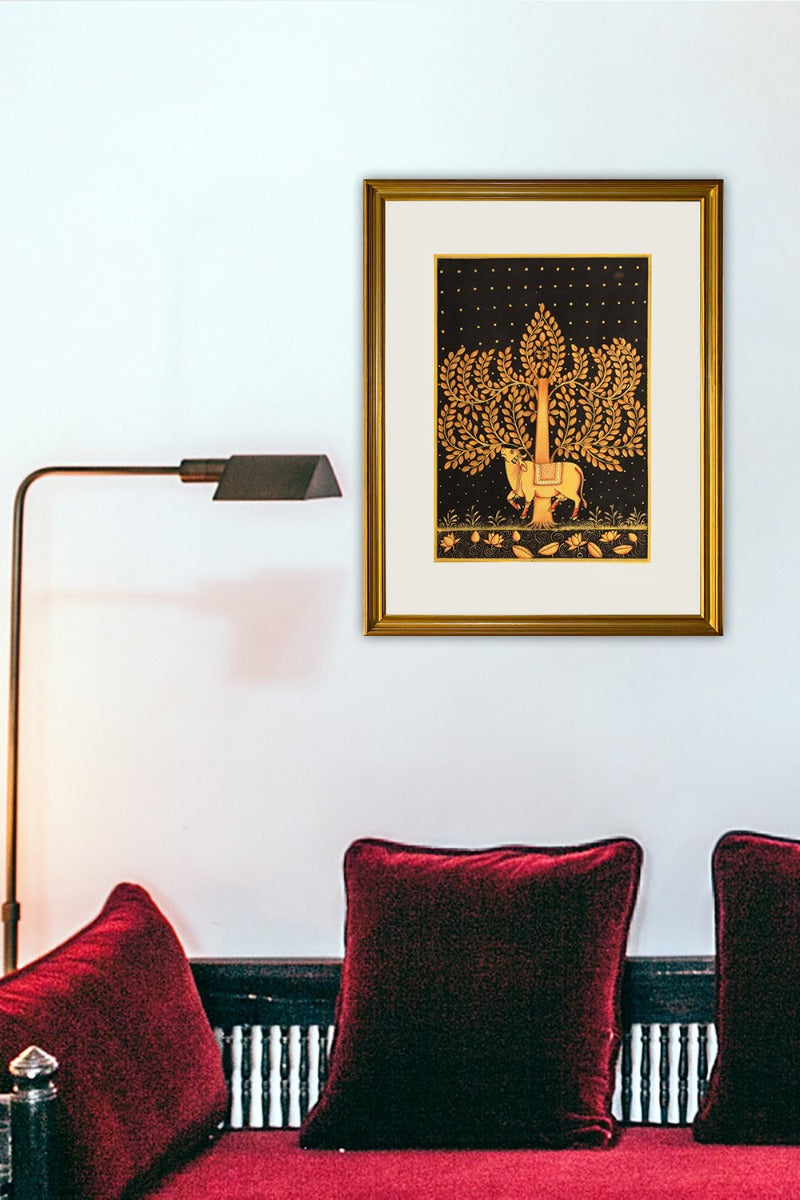 Beneath the golden tree Govardhan painting (10in x 14in unframed)
