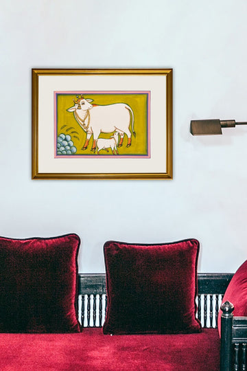 Govardhan with calf painting (Green)(14in x 10in unframed)