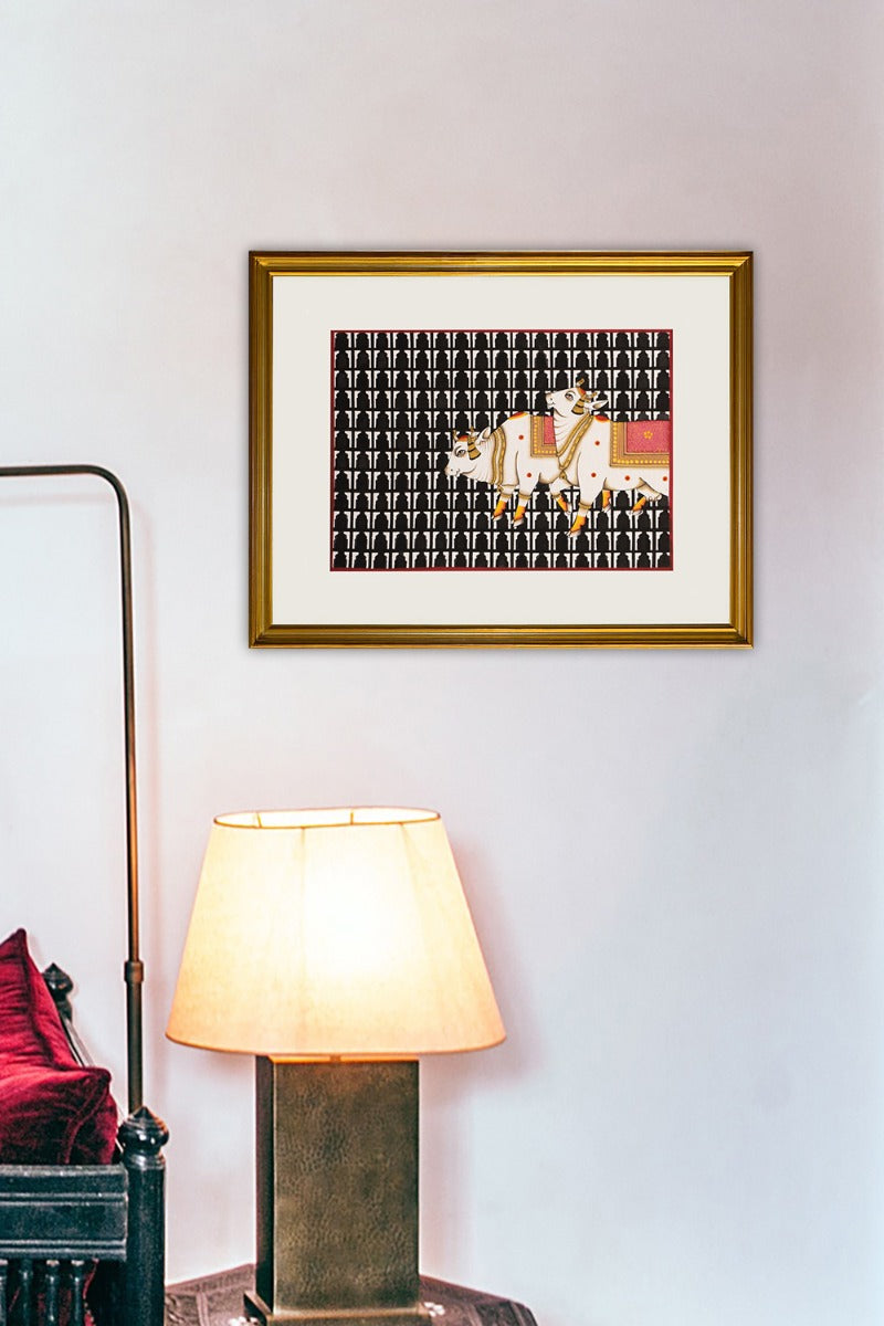 Black printed background Govardhan (14in x 10in unframed)