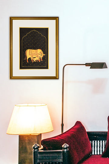 Golden Govardhan with calf (10in x 14in unframed)