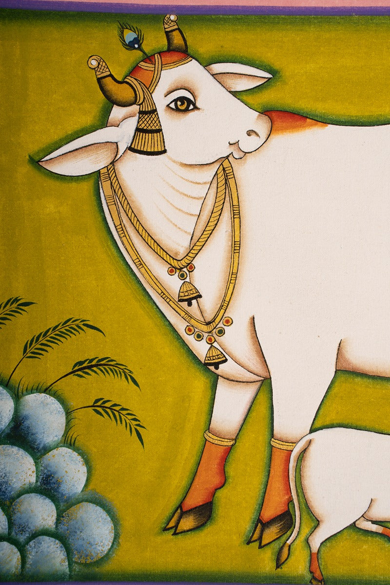 Govardhan with calf painting (Green)(14in x 10in unframed)