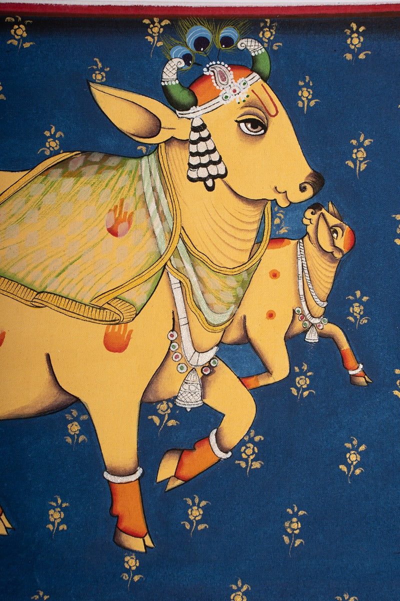Bright blue background yellow Govardhan (14in x 10in unframed)
