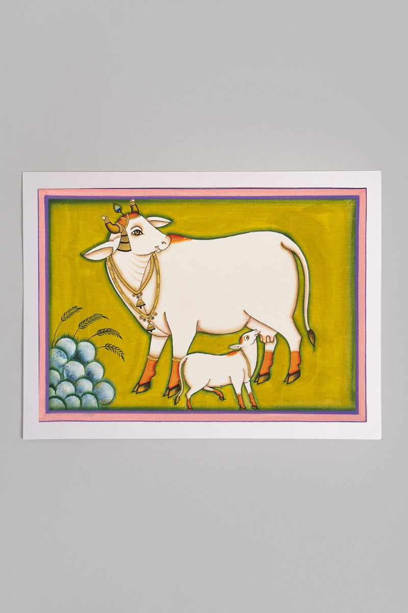 Govardhan with calf painting (Green)(14in x 10in unframed)