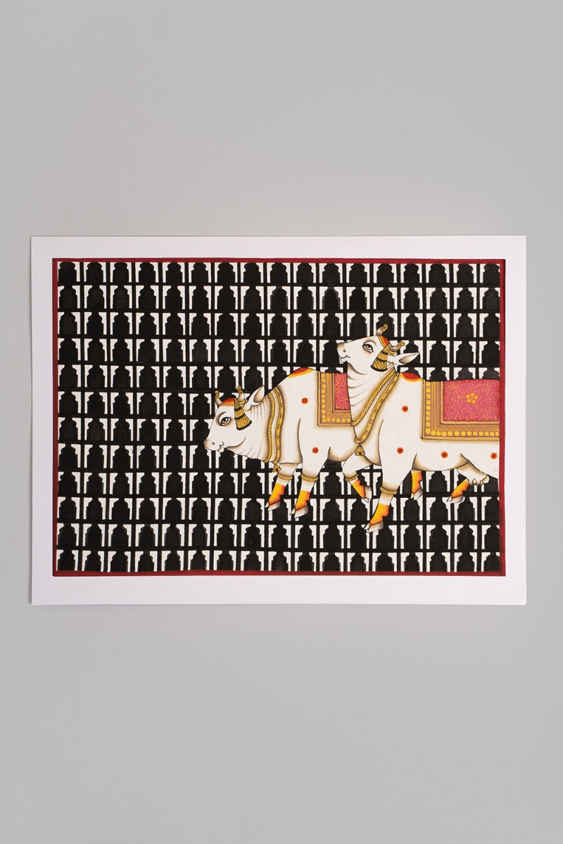 Black printed background Govardhan (14in x 10in unframed)