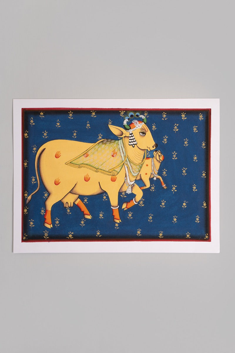 Bright blue background yellow Govardhan (14in x 10in unframed)