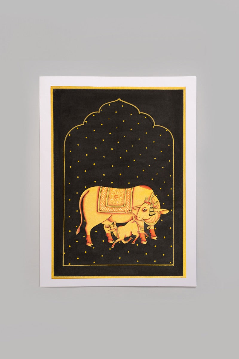 Golden Govardhan with calf (10in x 14in unframed)